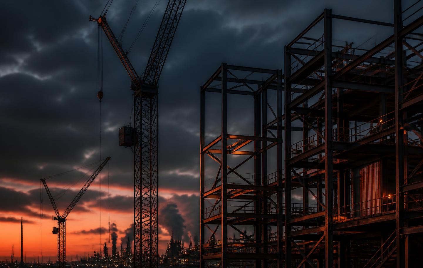 Industrial steel framework at dusk with ember sky